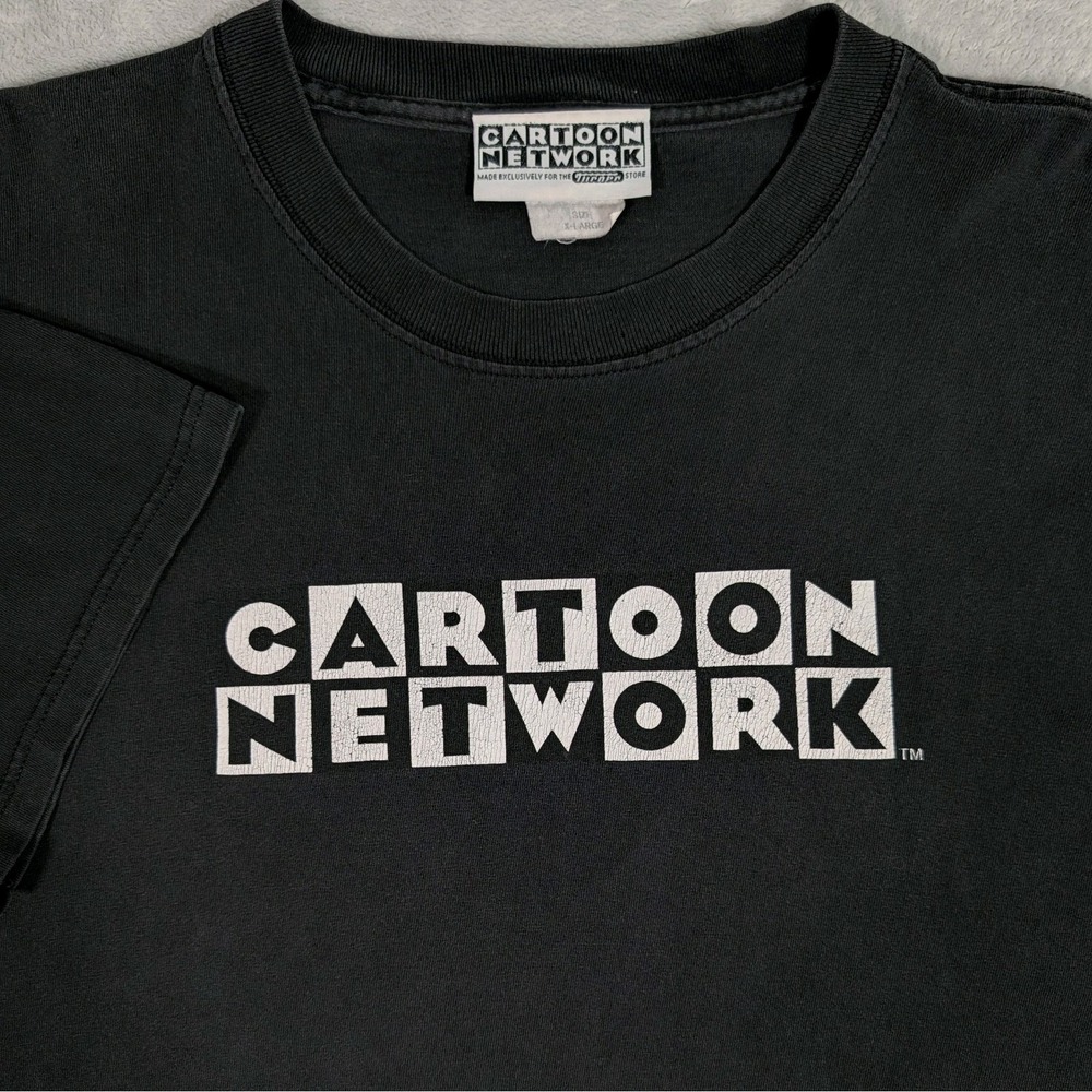 Vintage Cartoon Network Box Logo T Shirt Mens XL Y2K 2000 Faded Black Distressed